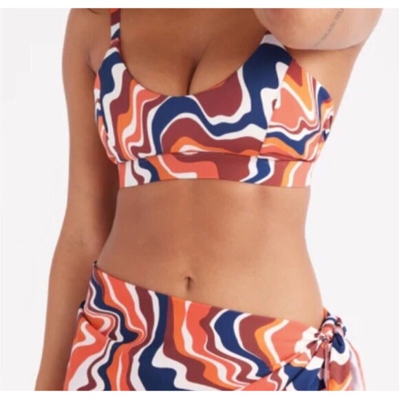 Knix Deep V Bikini Top In Heat Wave Orange Blue Adjustable Strap Swim Women XL+ - Picture 1 of 7
